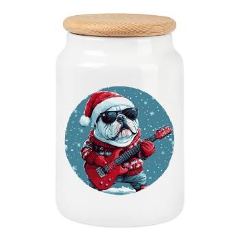 Bulldog Dog Christmas Guitar - Cookie Jar with Wooden Lid - white - Front
