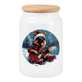 German Shepherd Dog Christmas Guitar - Cookie Jar with Wooden Lid - white - Front