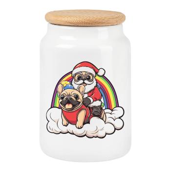 Chien Buldog français Père Noël - Boîte à biscuits avec couvercle en bois - blanc - Devant
