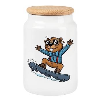 Cooler Snowboard Biber Comic Sonnenbrille - Keksdose mit Holzdeckel - Weiß - Vorne