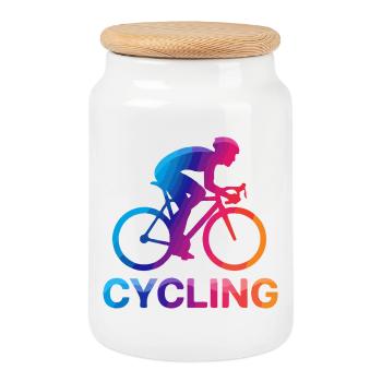 Rainbow Cyclist Silhouette - Cookie Jar with Wooden Lid - white - Front