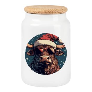 Rind Bulle mit Santa-Hut und Sonnenbrille - Keksdose mit Holzdeckel - Weiß - Vorne