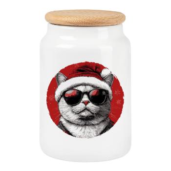 Christmas cat with sunglasses - Cookie Jar with Wooden Lid - white - Front