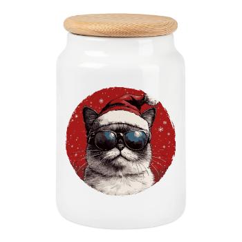 Kater Santa mit Sonnenbrille - Keksdose mit Holzdeckel - Weiß - Vorne