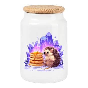 Hérisson avec des pancakes et des cristaux - Boîte à biscuits avec couvercle en bois - blanc - Devant