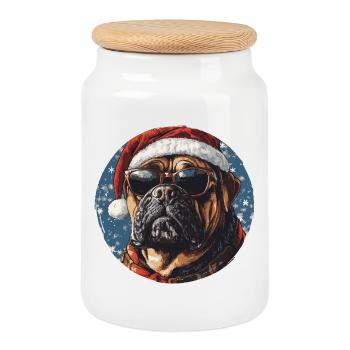 Le Dogue allemand du Père Noël avec des lunettes de soleil - Boîte à biscuits avec couvercle en bois - blanc - Devant