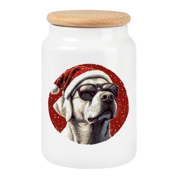 Christmas Dog with Sunglasses - Cookie Jar with Wooden Lid - white - Front