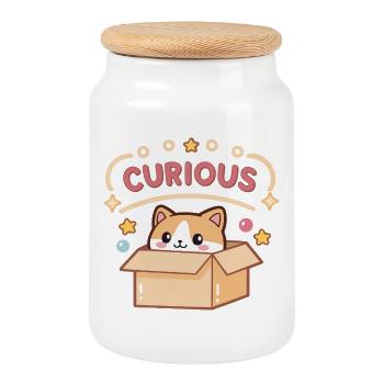 Chat Curieux en Boîte Carton Mignon - Boîte à biscuits avec couvercle en bois - blanc - Devant