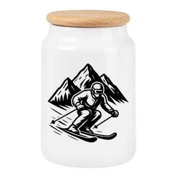 Skiing Silhouette Mountains - Cookie Jar with Wooden Lid - white - Front