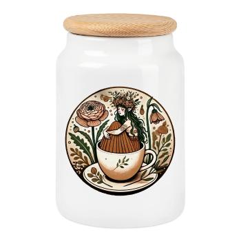 Florale Teetassenjungfrau - Keksdose mit Holzdeckel - Weiß - Vorne