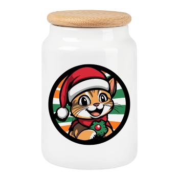 Christmas cat with mistletoe wreath - Cookie Jar with Wooden Lid - white - Front