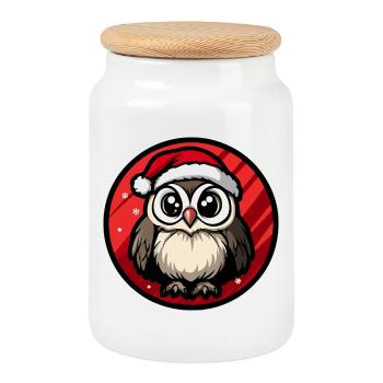 Hibou d’hiver dans Santa Hat - Boîte à biscuits avec couvercle en bois - blanc - Devant