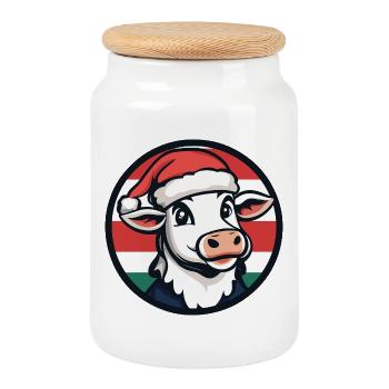 Christmas cow in festive red-green - Cookie Jar with Wooden Lid - white - Front