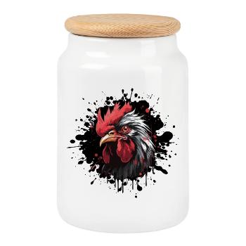 Crimson Rooster Head Splatter - Cookie Jar with Wooden Lid - white - Front