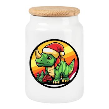 Dino Santa im Weihnachtsglanz - Keksdose mit Holzdeckel - Weiß - Vorne