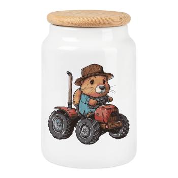 Biber Traktor Farmer - Keksdose mit Holzdeckel - Weiß - Vorne