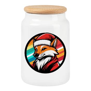 Fuchs im Santa-Look mit Regenbogen - Keksdose mit Holzdeckel - Weiß - Vorne