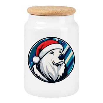 Ours polaire avec un chapeau de Noël - Boîte à biscuits avec couvercle en bois - blanc - Devant