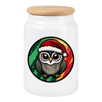 Christmas Owl Cartoon Round - Cookie Jar with Wooden Lid - white - Front