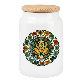 Frog in Circular Flora - Cookie Jar with Wooden Lid - white - Front