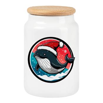 Baleine avec un chapeau de Père Noël - Boîte à biscuits avec couvercle en bois - blanc - Devant