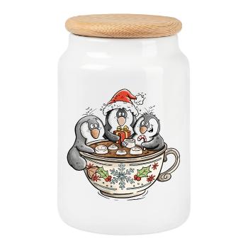 Mignons manchots de Noël dans une tasse de cacao - Boîte à biscuits avec couvercle en bois - blanc - Devant