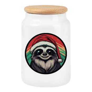 Paresseux de Noël dans le chapeau du Père Noël - Boîte à biscuits avec couvercle en bois - blanc - Devant
