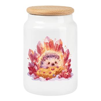 Hérisson en cristal avec un cookie - Boîte à biscuits avec couvercle en bois - blanc - Devant