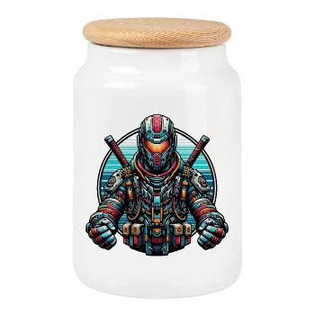 Robot Samouraï - Boîte à biscuits avec couvercle en bois - blanc - Devant