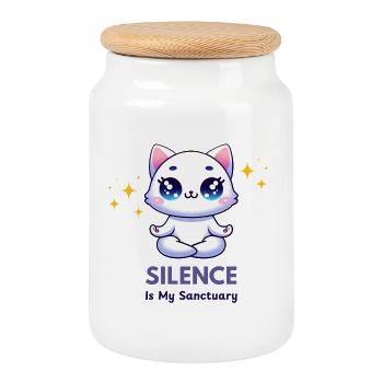 Cat in Meditation - Silence Is My Sanctuary - Cookie Jar with Wooden Lid - white - Front