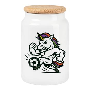 Power Unicorn Soccer Mascot Sprinting Fast - Cookie Jar with Wooden Lid - white - Front