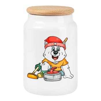 Curling player polar bear - Cookie Jar with Wooden Lid - white - Front