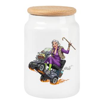 Granny purple on racing mobility scooter - Cookie Jar with Wooden Lid - white - Front