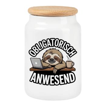 Mandatory Present Sloth Telco Meeting Office - Cookie Jar with Wooden Lid - white - Front