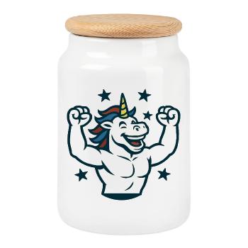 Starkes Unicorn Gym Maskottchen Power Flex Design - Keksdose mit Holzdeckel - Weiß - Vorne