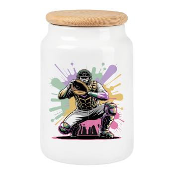  Baseball Catcher mit Maske Bunte Splash Farben - Keksdose mit Holzdeckel - Weiß - Vorne