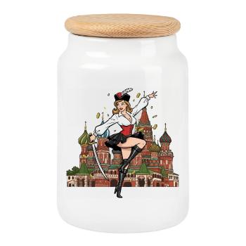 Russia Moscow pinup - Cookie Jar with Wooden Lid - white - Front