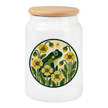 Green Frog in Yellow Poppy Garden - Cookie Jar with Wooden Lid - white - Front