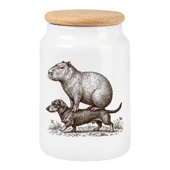Drôle de capybara chevauchant teckel - Boîte à biscuits avec couvercle en bois - blanc - Devant