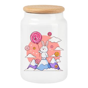 Un lapin sucré sur le sommet sucré - Boîte à biscuits avec couvercle en bois - blanc - Devant