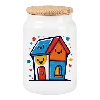 Buntes Haus-Trio mit lachenden Gesichtern - Keksdose mit Holzdeckel - Weiß - Vorne