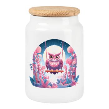 Nocturnal owl swing in the enchanted forest - Cookie Jar with Wooden Lid - white - Front