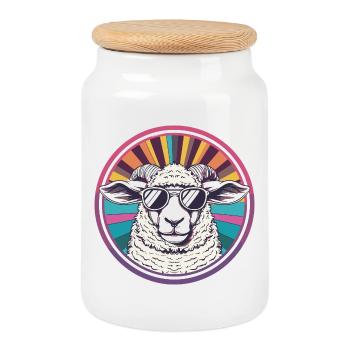 Mouton solaire avec des lunettes de soleil rétro - Boîte à biscuits avec couvercle en bois - blanc - Devant
