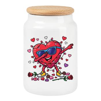 Lustiges dabbendes Herz zum Valentinstag - Keksdose mit Holzdeckel - Weiß - Vorne