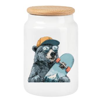 Patineur ours avec reflet de montagne - Boîte à biscuits avec couvercle en bois - blanc - Devant