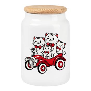 Famille de chats dans une voiture rouge vintage - Boîte à biscuits avec couvercle en bois - blanc - Devant