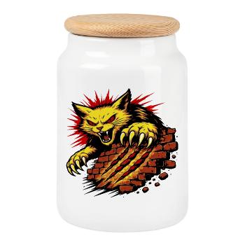 Angry Cat Claw Smash Power Illustration - Cookie Jar with Wooden Lid - white - Front