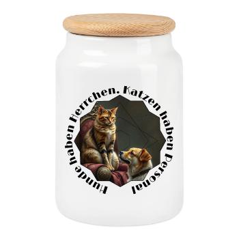 Amitié chat-chien dans le cadre de géométrie - Boîte à biscuits avec couvercle en bois - blanc - Devant