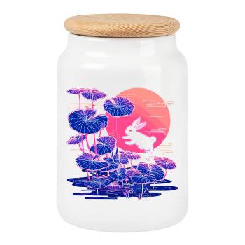 Neon bunny lotus forest in the evening light - Cookie Jar with Wooden Lid - white - Front