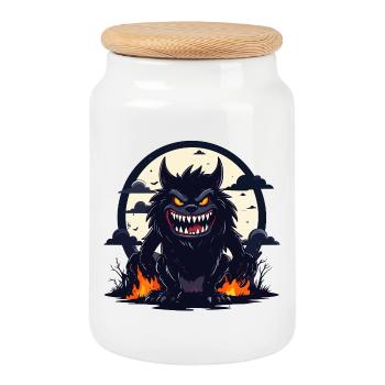 Monstre Loup-Garou de Nuit Clair de Lune avec Flammes de Feu - Boîte à biscuits avec couvercle en bois - blanc - Devant